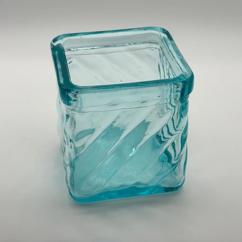 Vintage Teal Votive Holder Tealight Candle Trinket Dish Collectible Glass Square